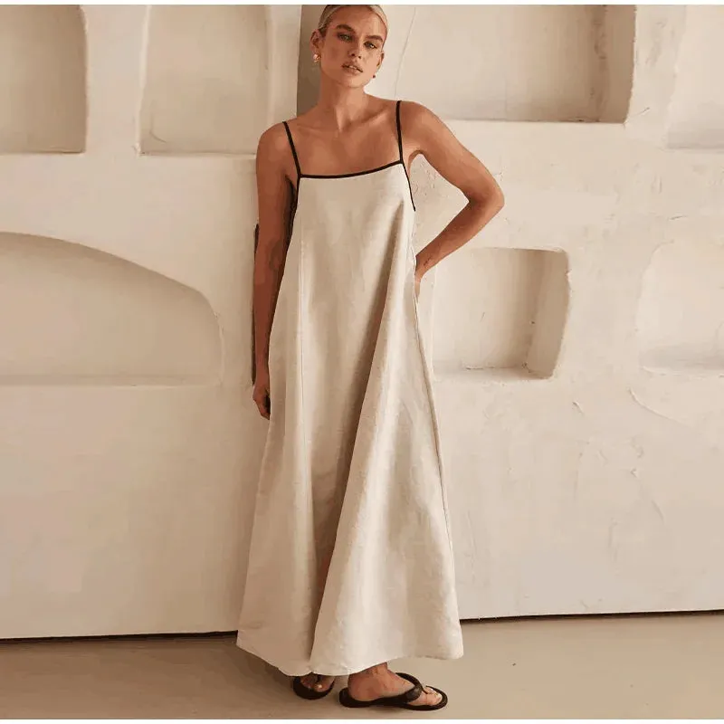 Fashion Halter Swing Backless Sleeveless Cotton Line Casual Maxi Dress