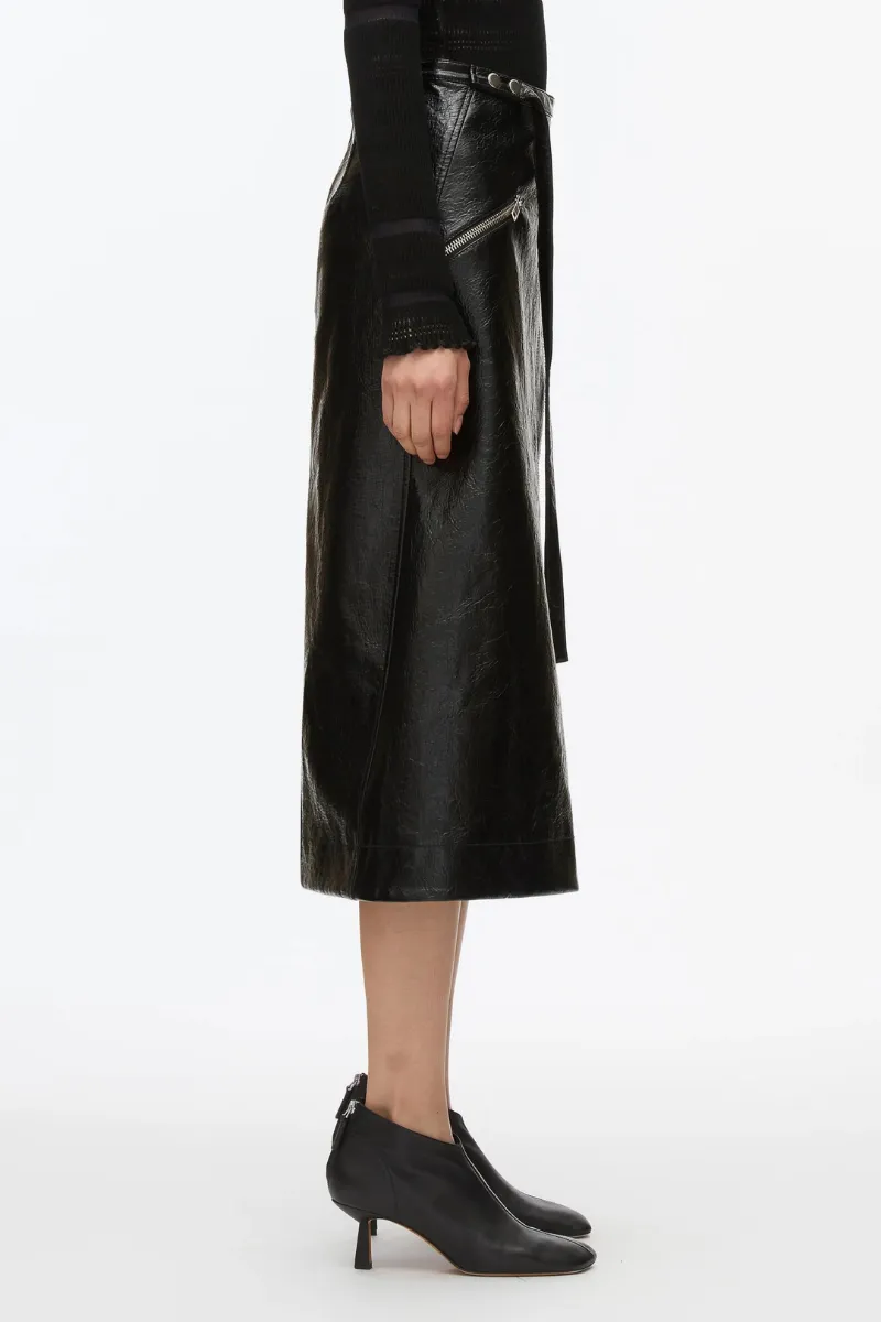 Faux Leather Moto Wrap Skirt