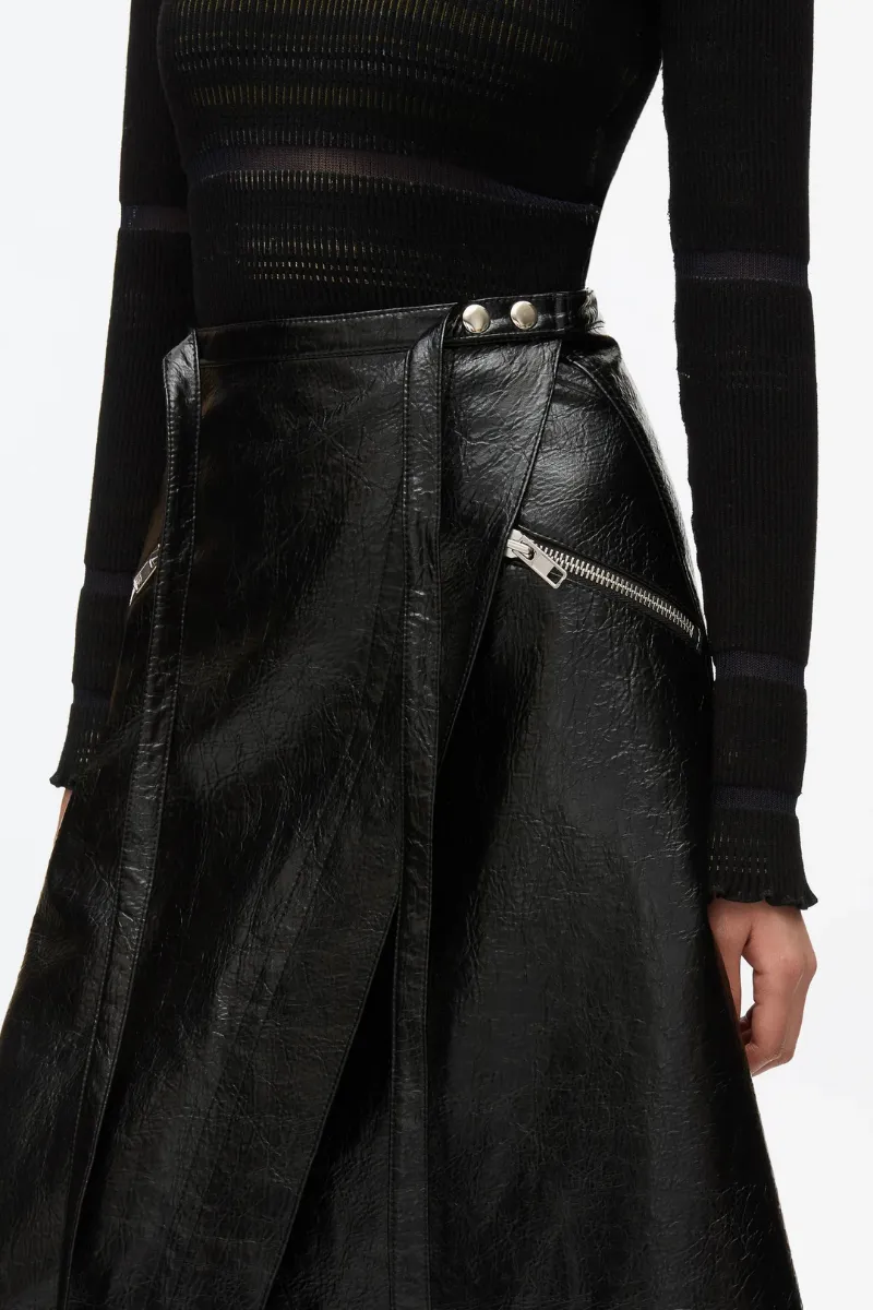 Faux Leather Moto Wrap Skirt