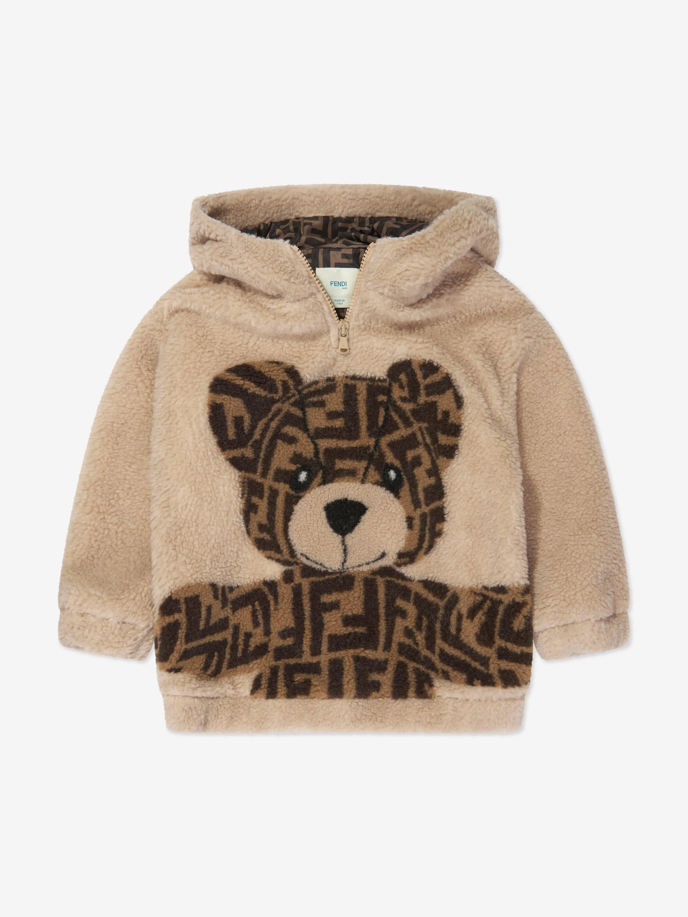 Fendi Kids Wool Bear Hoodie in Beige