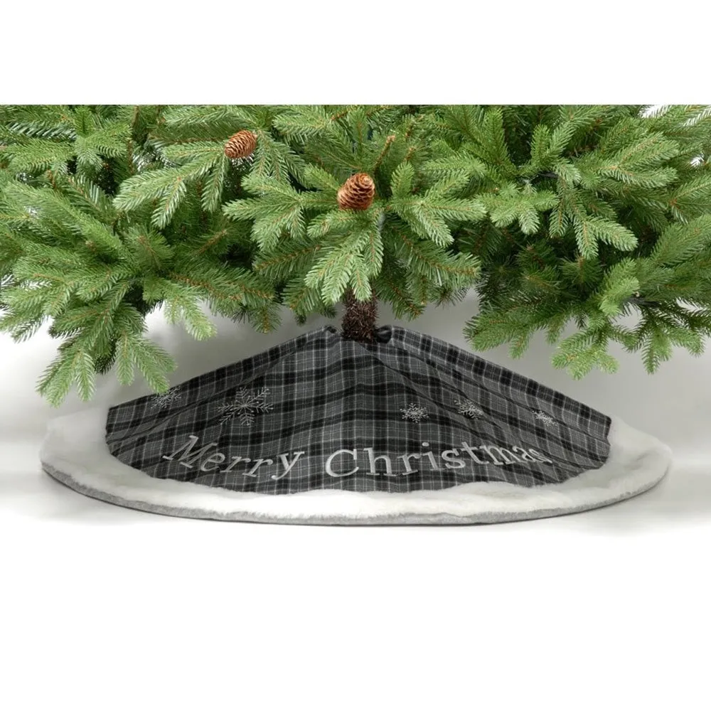 Festive 100cm Grey Tartan Merry Christmas Tree Skirt