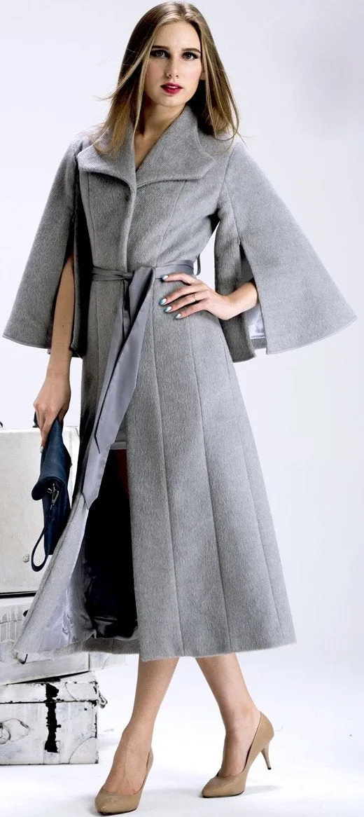 Flared Cape-Sleeve Textured Long Wool Coat in Grey