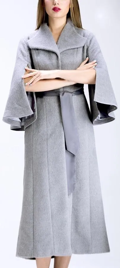 Flared Cape-Sleeve Textured Long Wool Coat in Grey