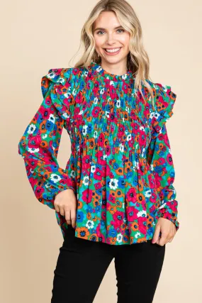 Floral Print Baby Doll Top W/Frilled Neck