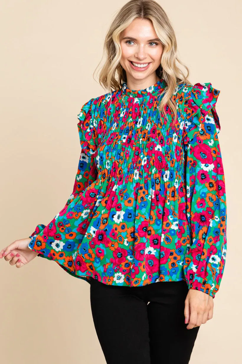 Floral Print Baby Doll Top W/Frilled Neck