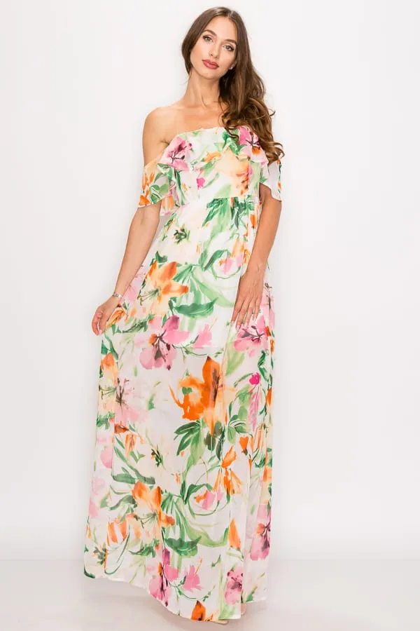 Floral Print Ruffled Off Shoulder Maxi Dress