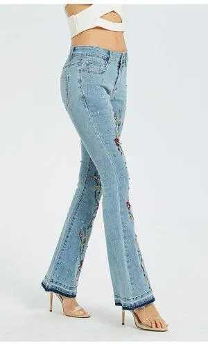 Front Embroidered Bell Bottom Stretch denim jeans