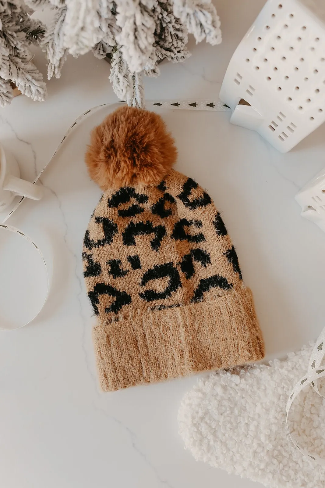 Fuzzy Leopard Print Pom Beanie