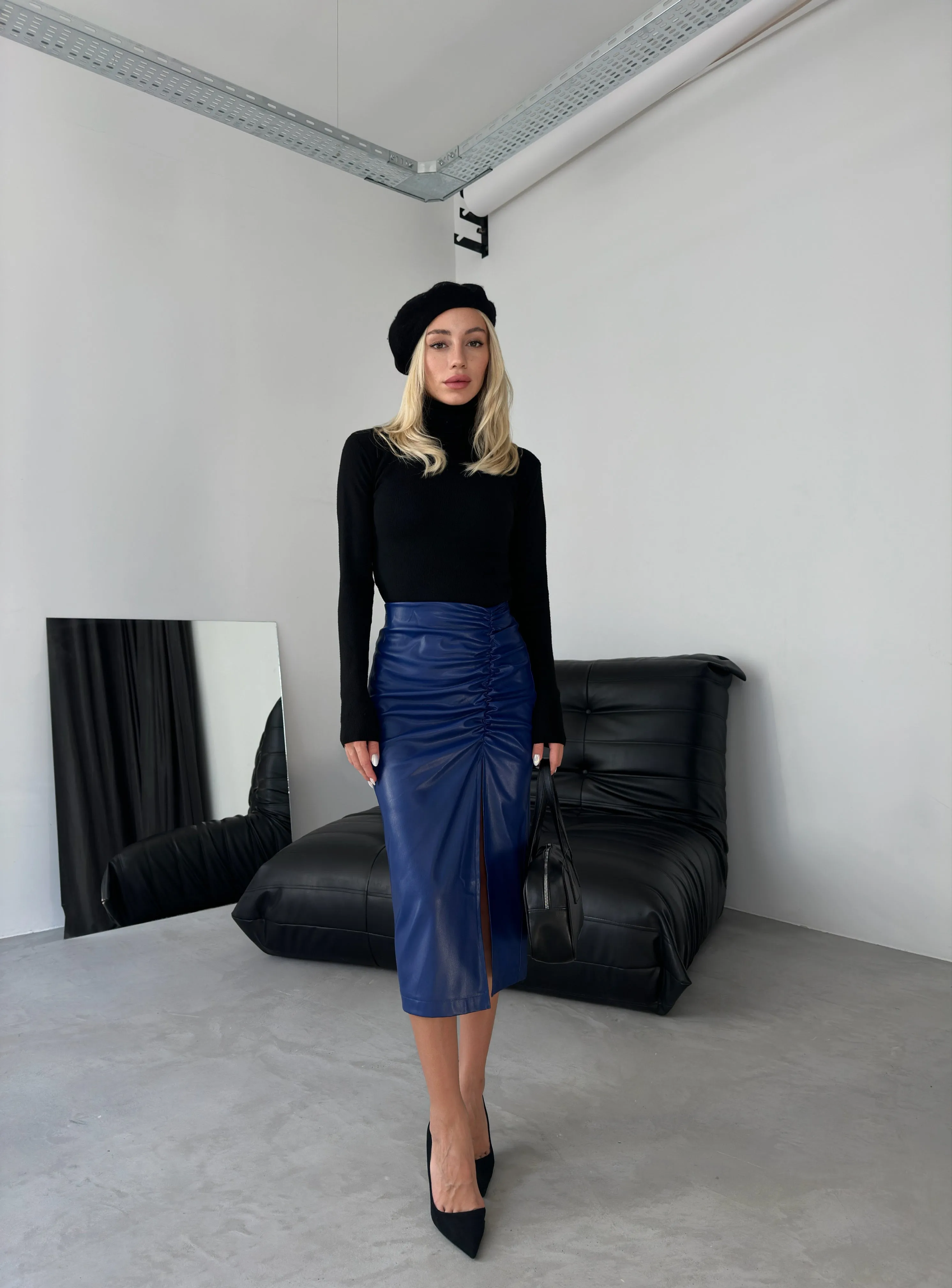 Gathered Leather Skirt