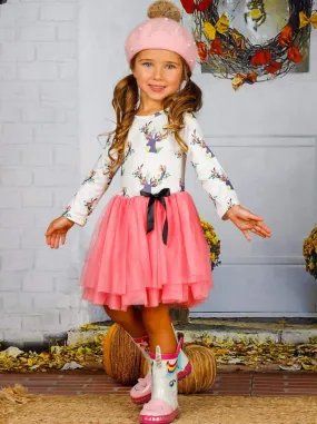 Girls Floral Reindeer Print Long Sleeve Tutu Dress with Bow