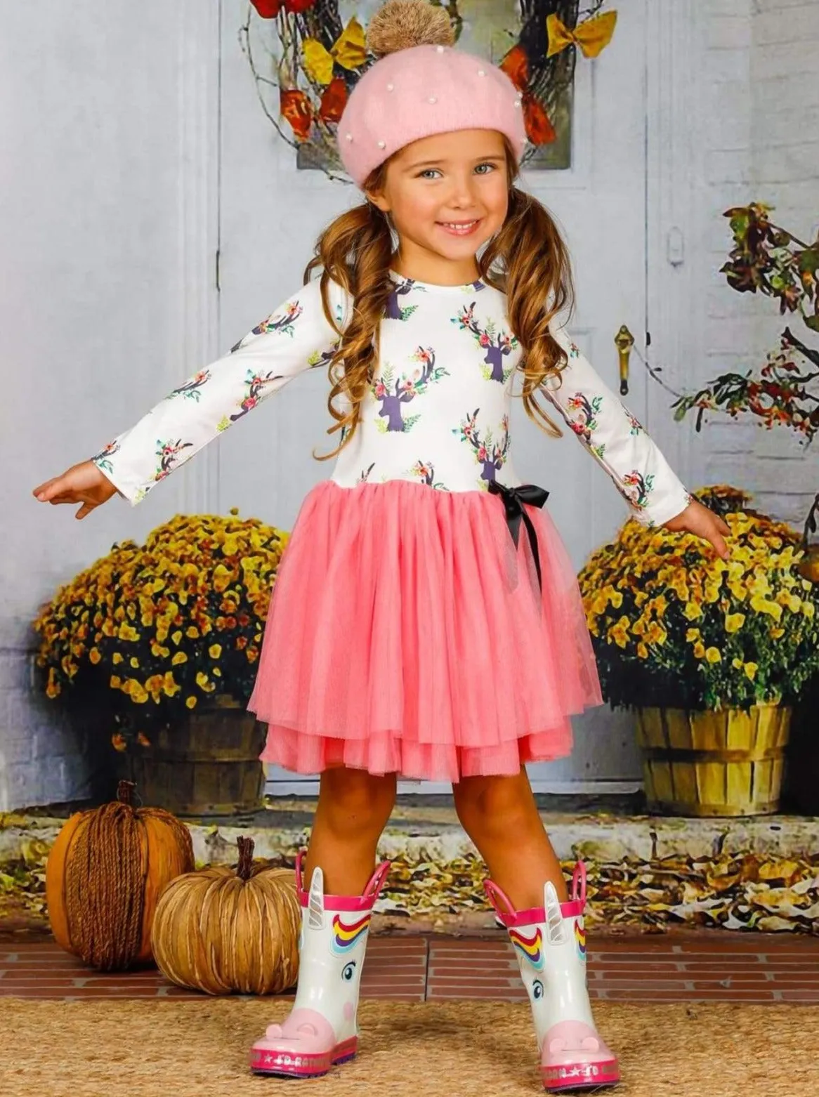 Girls Floral Reindeer Print Long Sleeve Tutu Dress with Bow