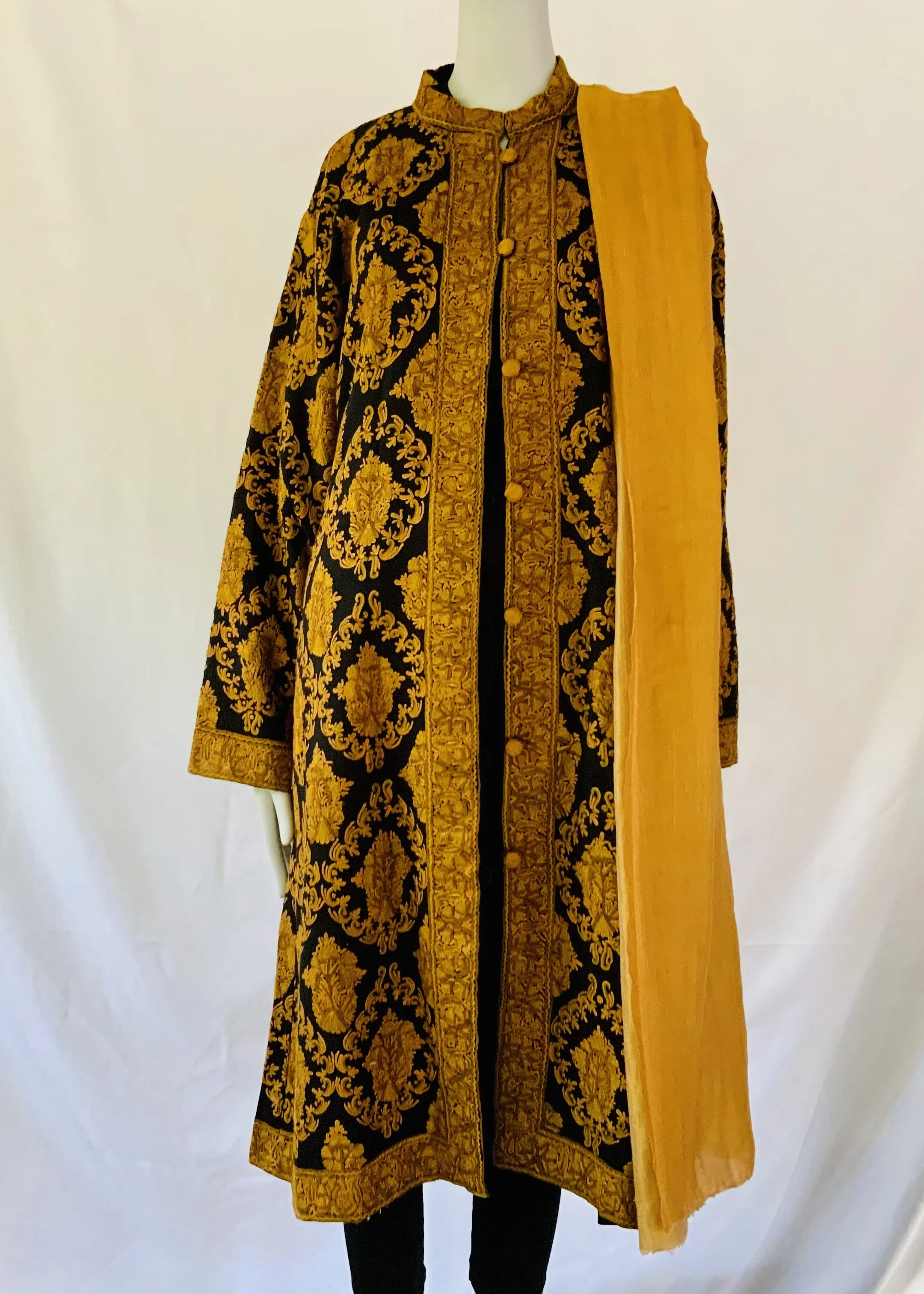 Hand Embroidered Long Jacket -  Black and Mustard