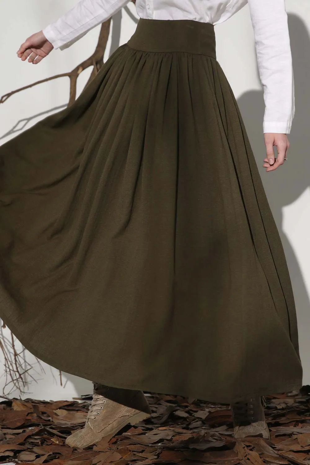 Handmade Army green pleated maxi linen skirt 1151#