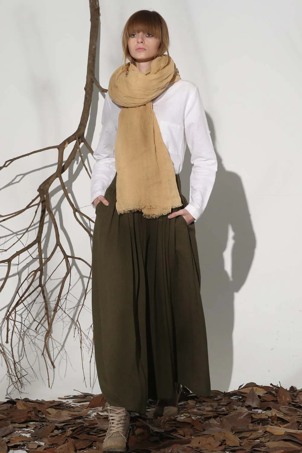 Handmade Army green pleated maxi linen skirt 1151#