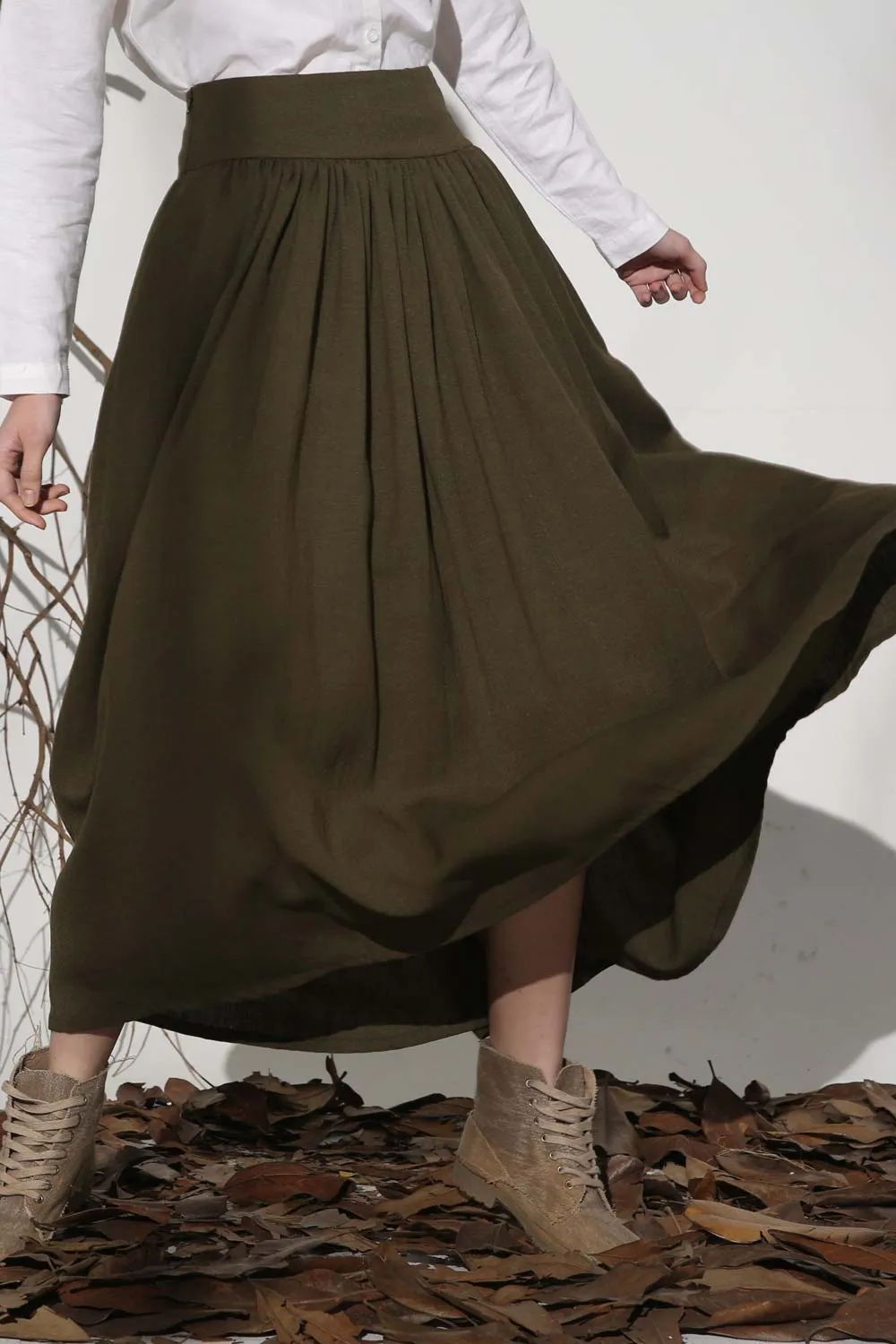 Handmade Army green pleated maxi linen skirt 1151#