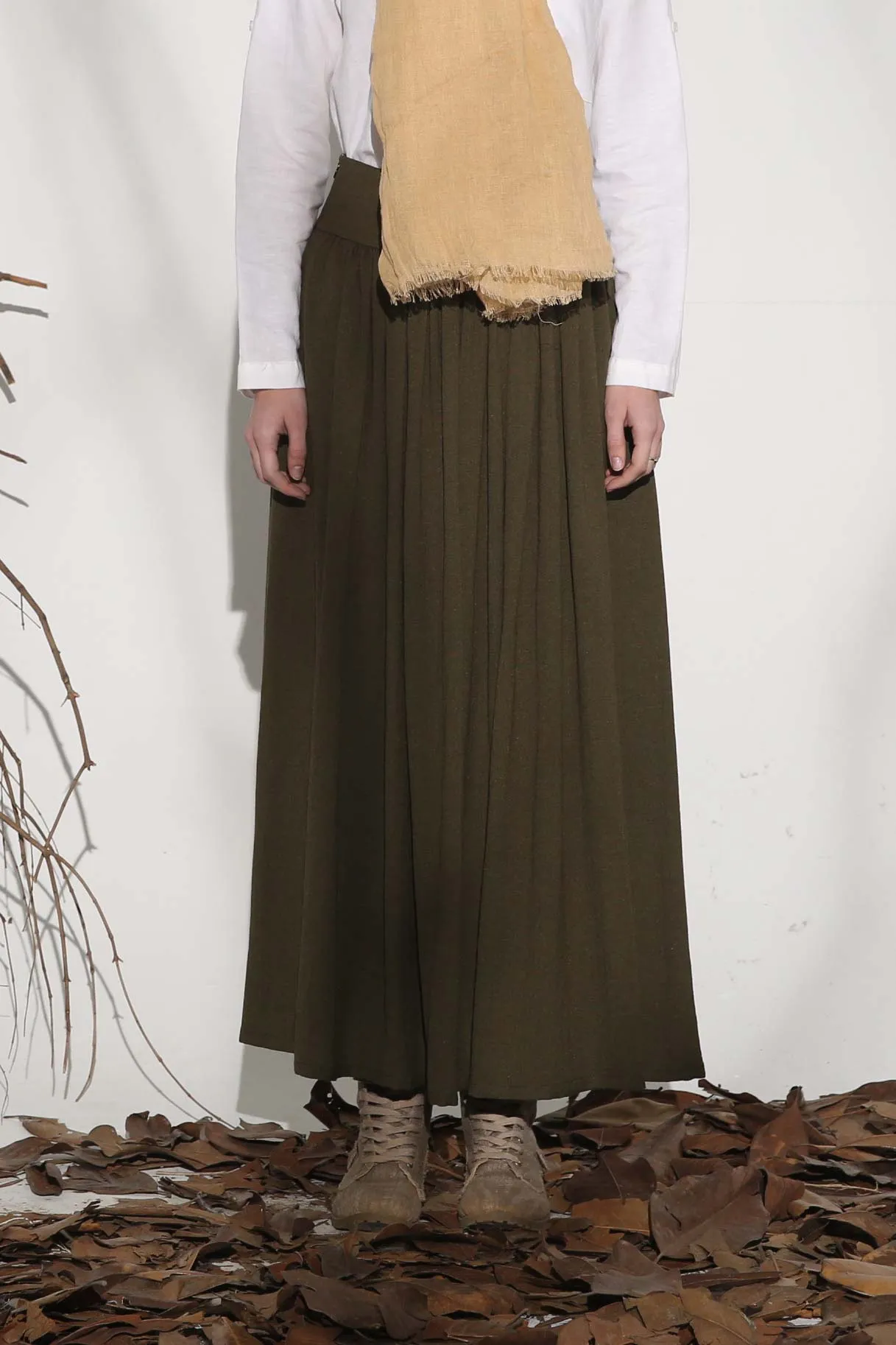 Handmade Army green pleated maxi linen skirt 1151#