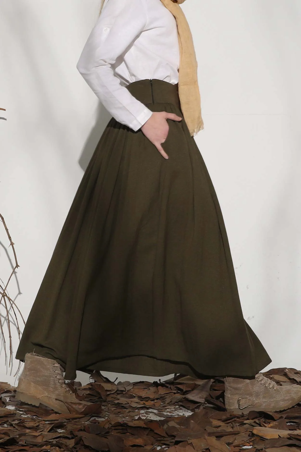 Handmade Army green pleated maxi linen skirt 1151#