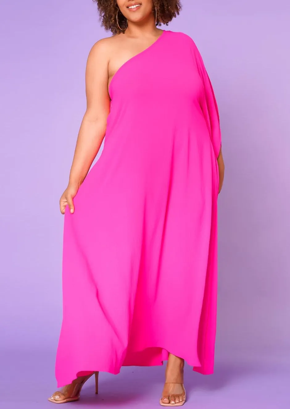 Hi Curvy Plus Size Women One Shoulder Maxi Flare Dress