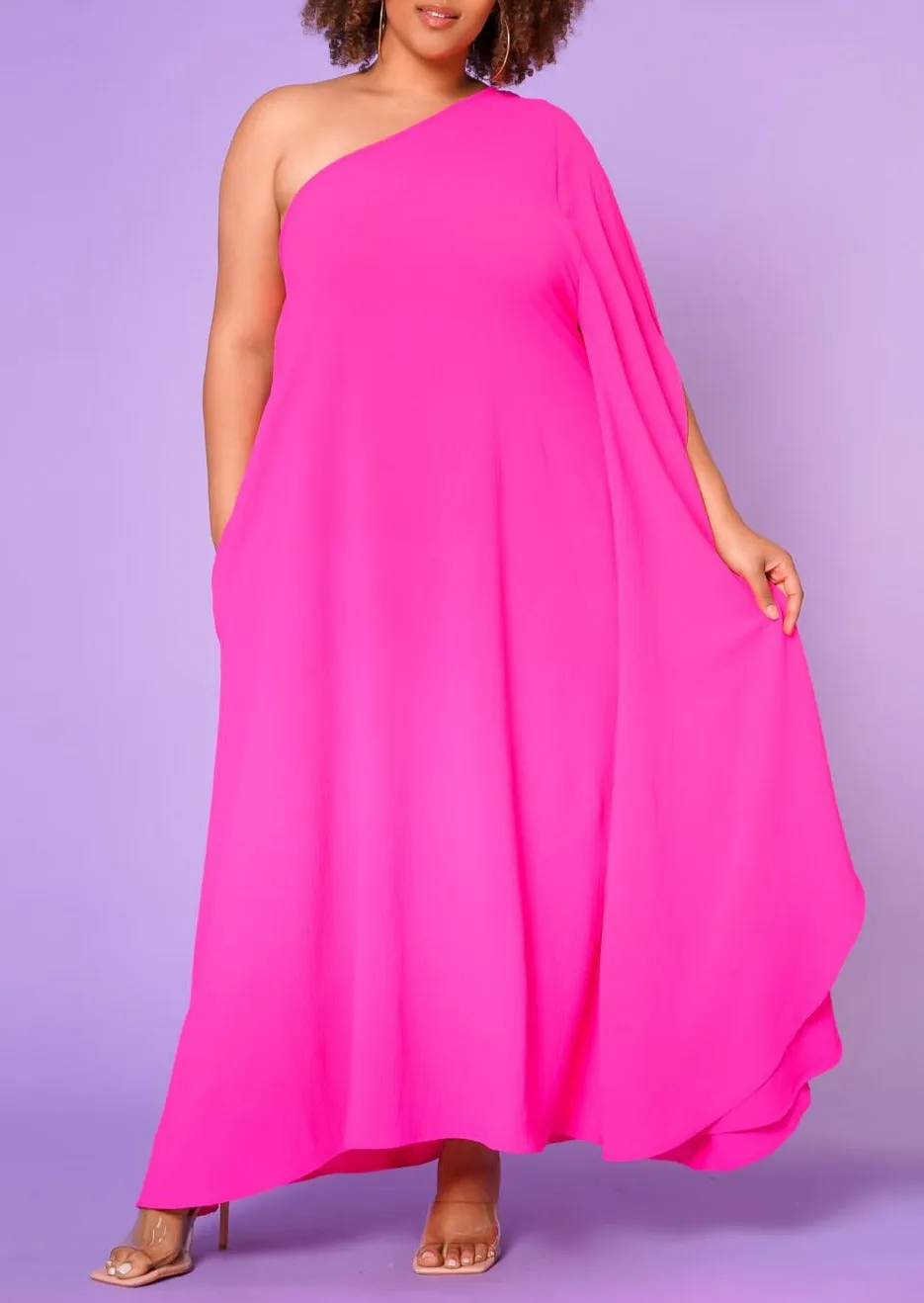 Hi Curvy Plus Size Women One Shoulder Maxi Flare Dress