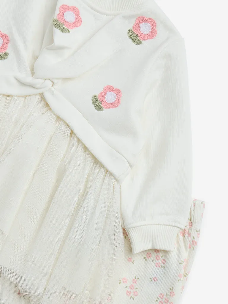 HOP Baby Off-White Floral Embroidered Cotton-Blend Dress with Pants Set