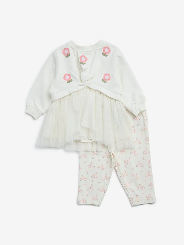 HOP Baby Off-White Floral Embroidered Cotton-Blend Dress with Pants Set