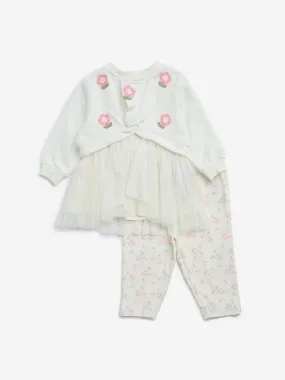 HOP Baby Off-White Floral Embroidered Cotton-Blend Dress with Pants Set