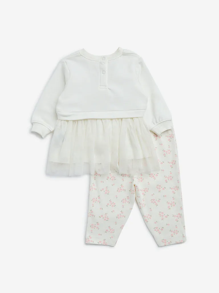 HOP Baby Off-White Floral Embroidered Cotton-Blend Dress with Pants Set