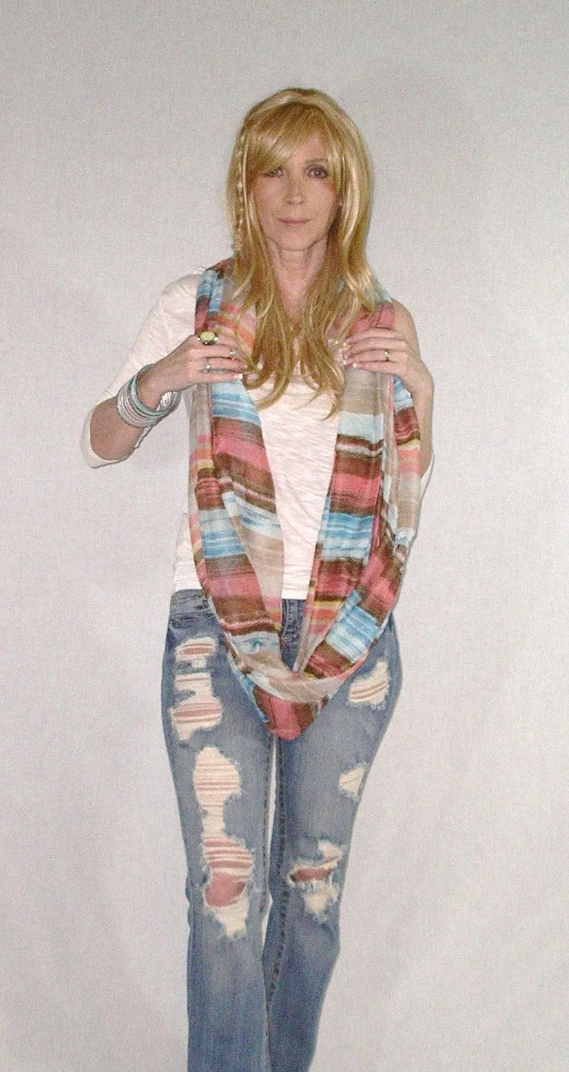 Infinity Scarf Boho Painted Desert Rose Lightweight Summer Spring Fall Scarves Mexican Serape Pink Blue Brown Double Loop Eternity