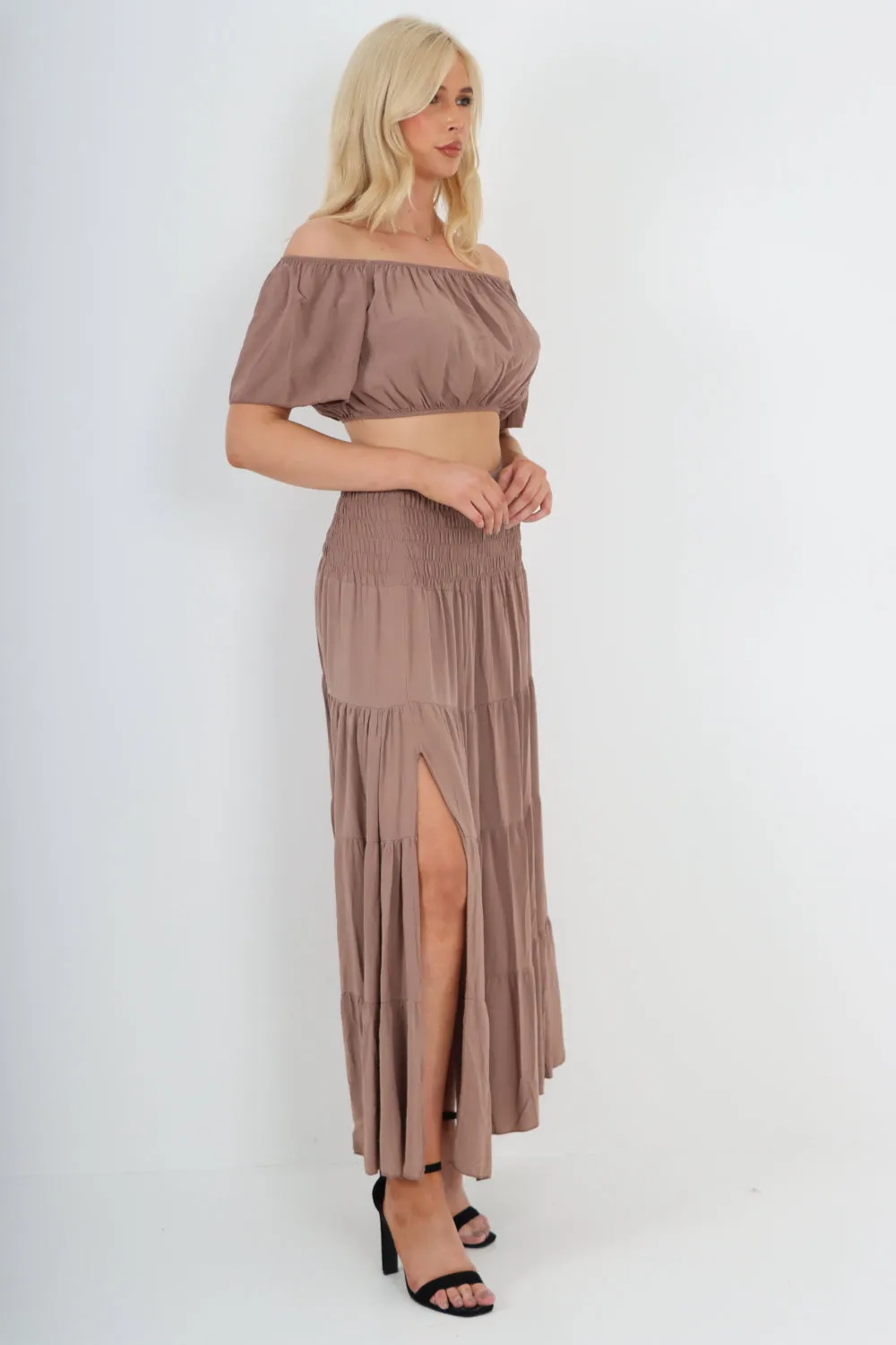 Italian Bardot Crop Top and Maxi Skirt Set