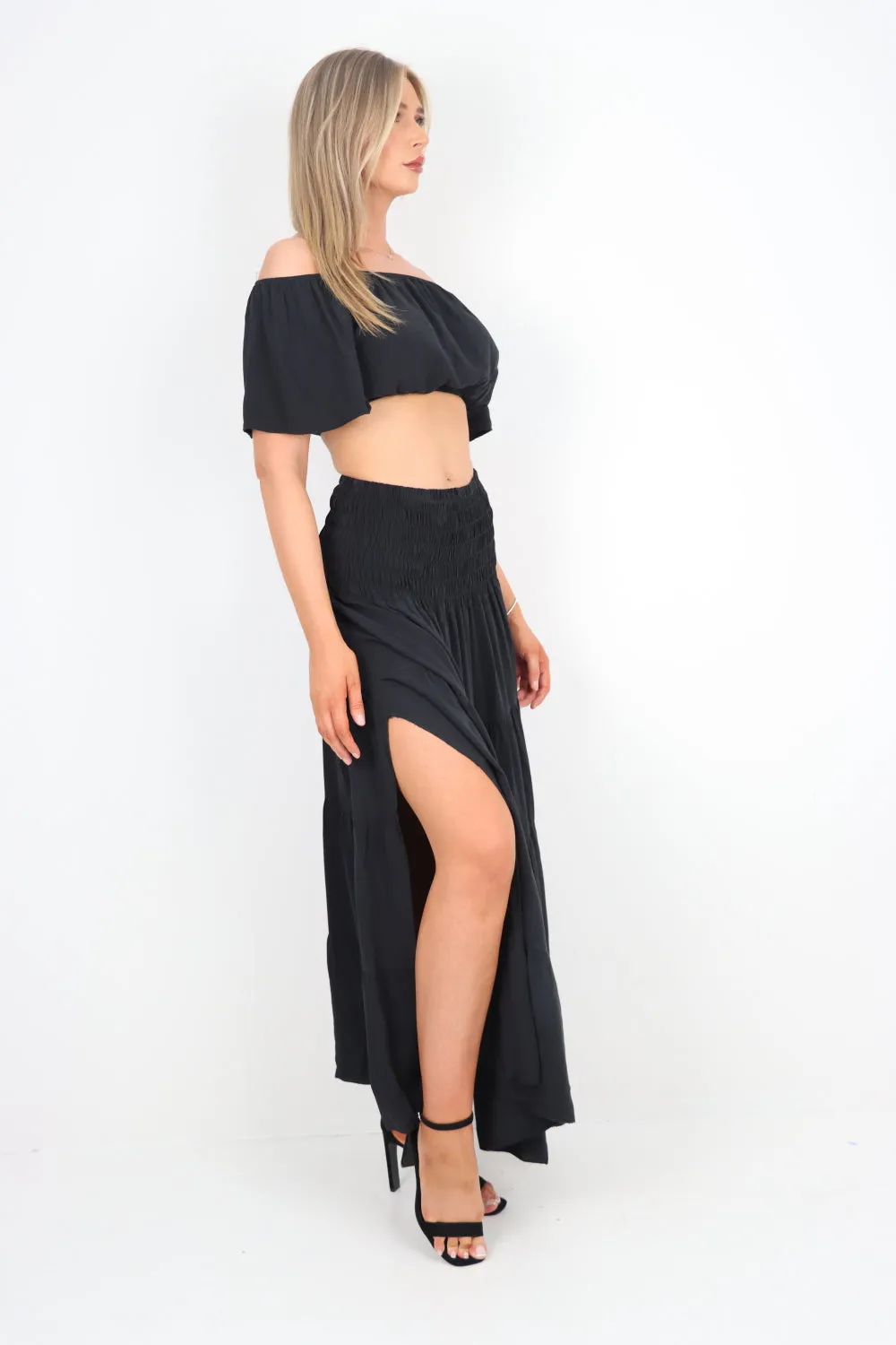 Italian Bardot Crop Top and Maxi Skirt Set