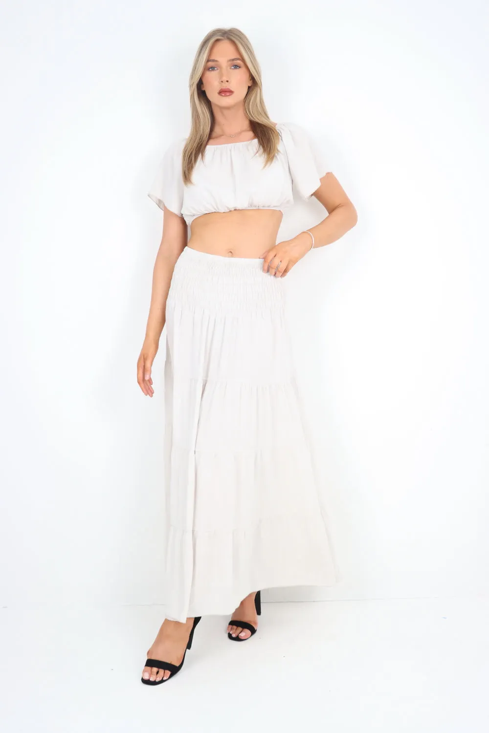 Italian Bardot Crop Top and Maxi Skirt Set