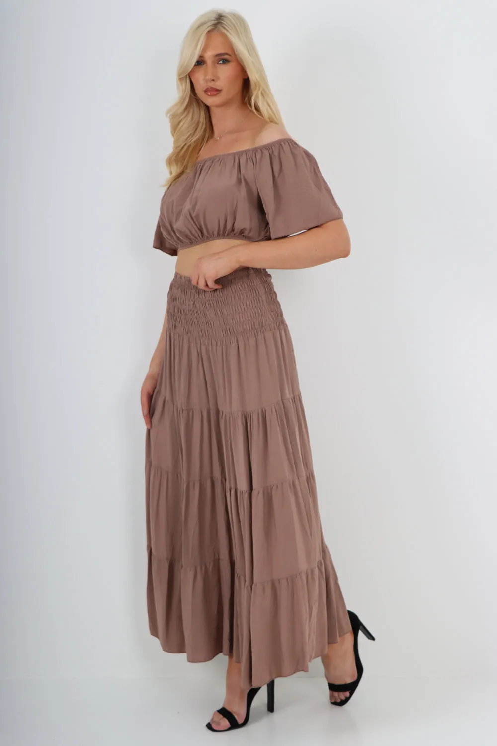 Italian Bardot Crop Top and Maxi Skirt Set