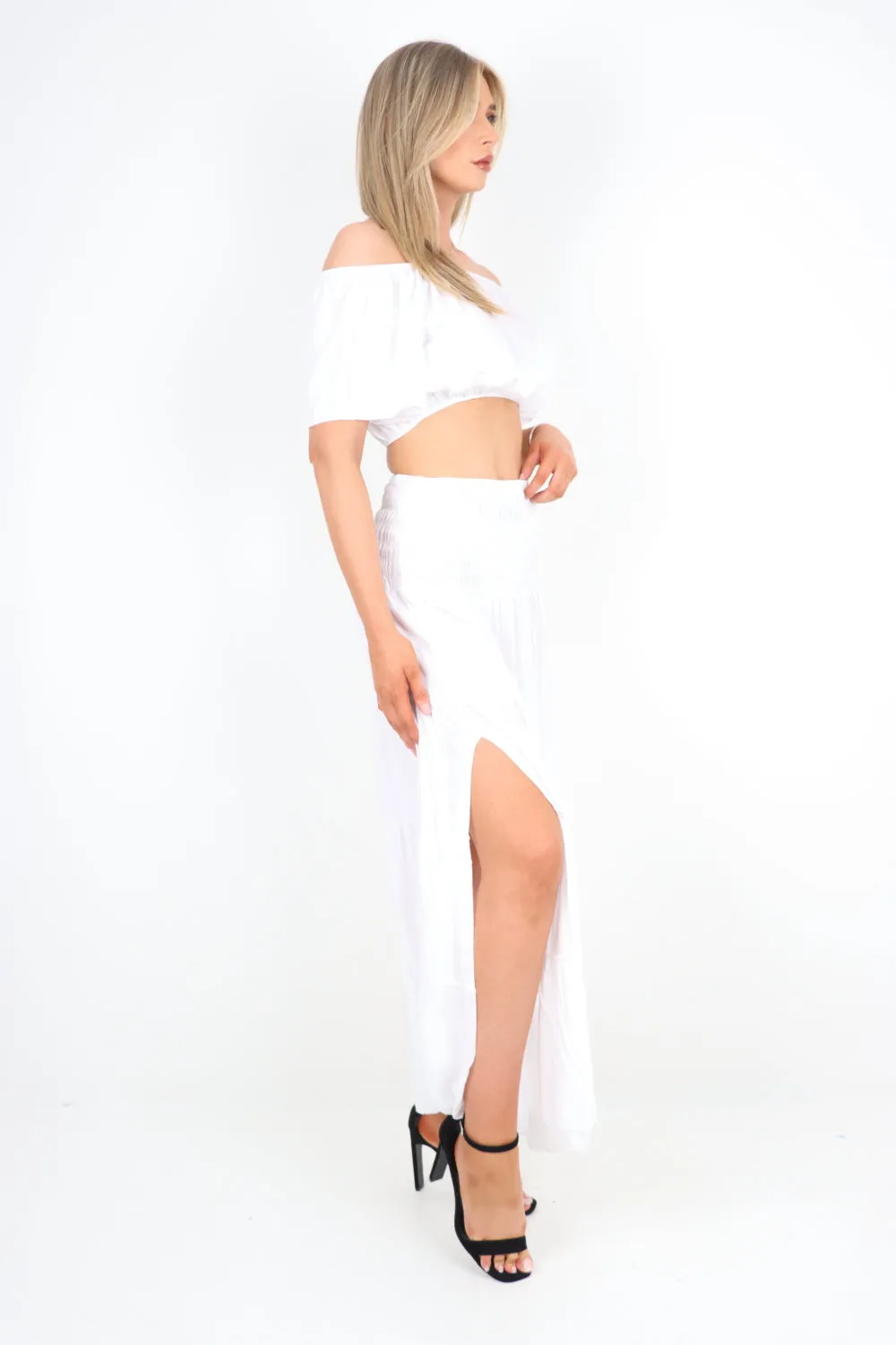 Italian Bardot Crop Top and Maxi Skirt Set