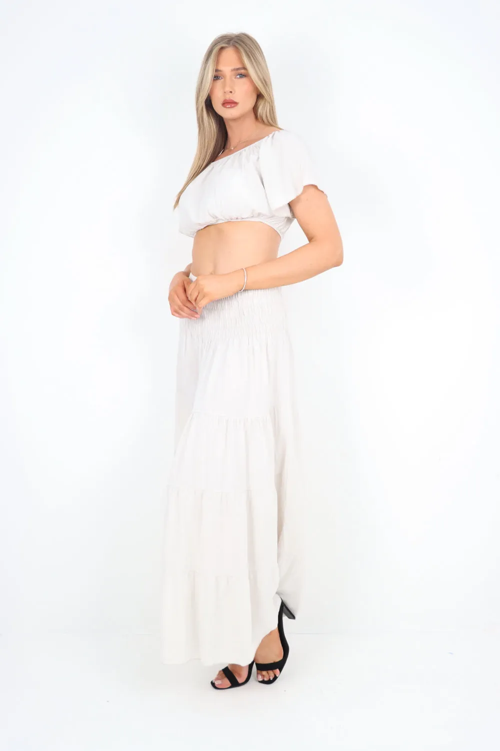 Italian Bardot Crop Top and Maxi Skirt Set