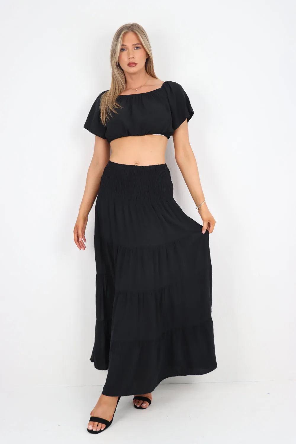 Italian Bardot Crop Top and Maxi Skirt Set