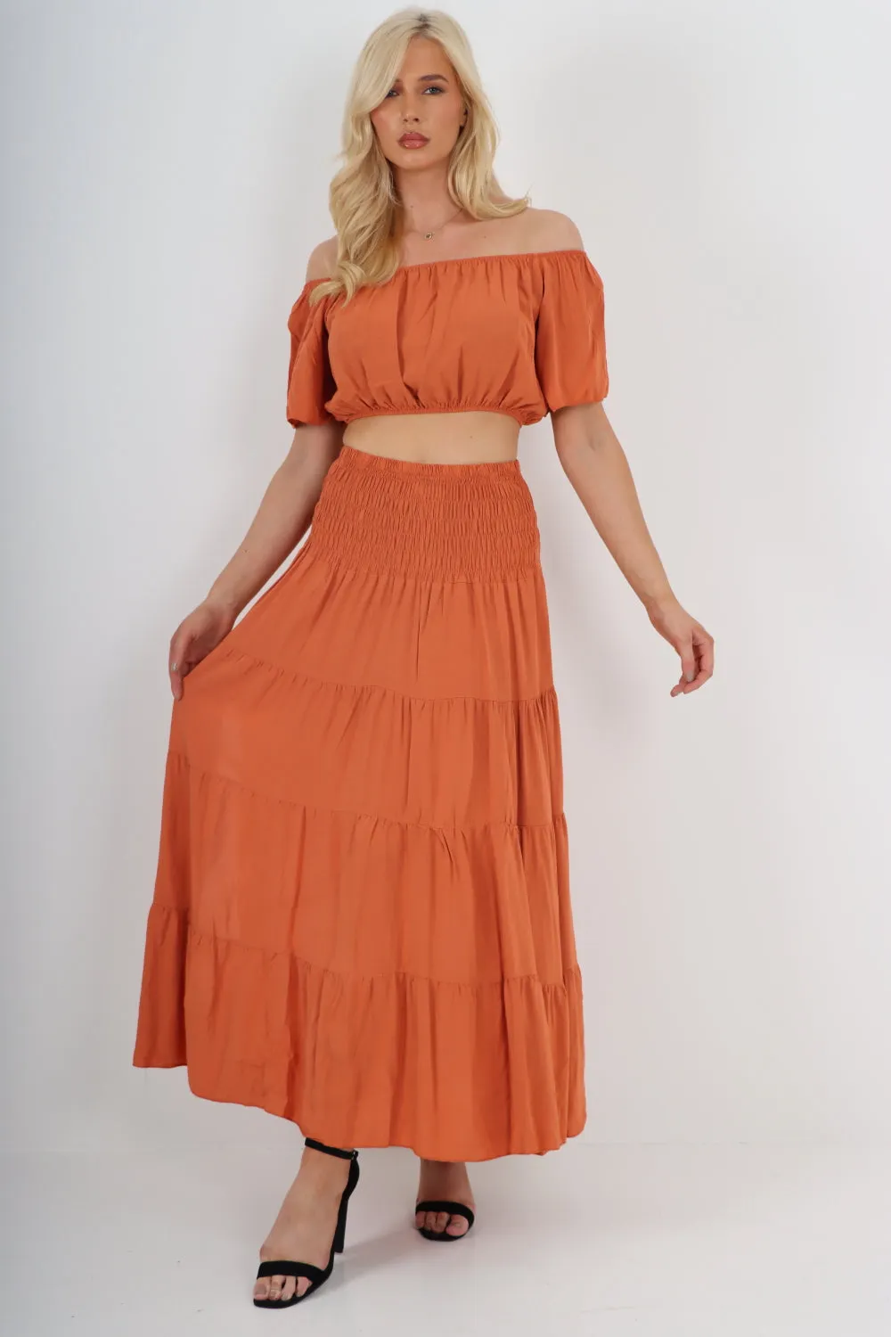 Italian Bardot Crop Top and Maxi Skirt Set