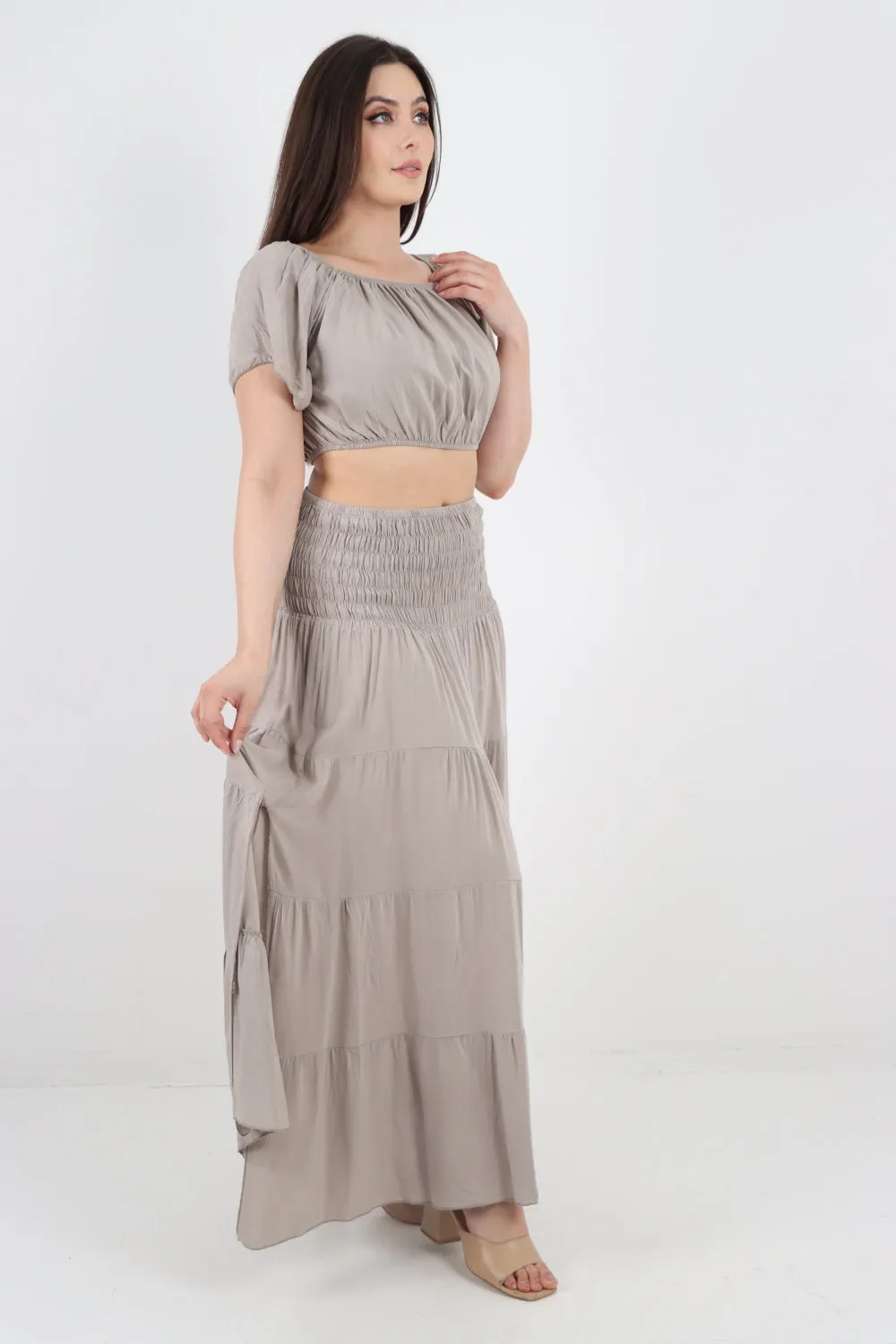 Italian Bardot Crop Top and Maxi Skirt Set