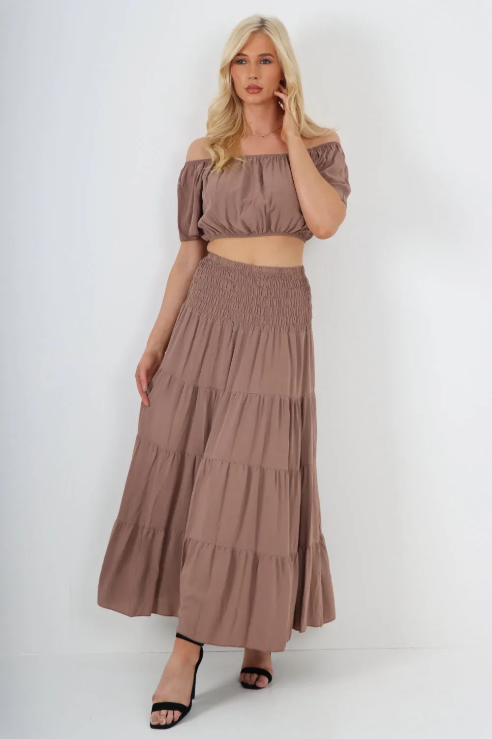 Italian Bardot Crop Top and Maxi Skirt Set