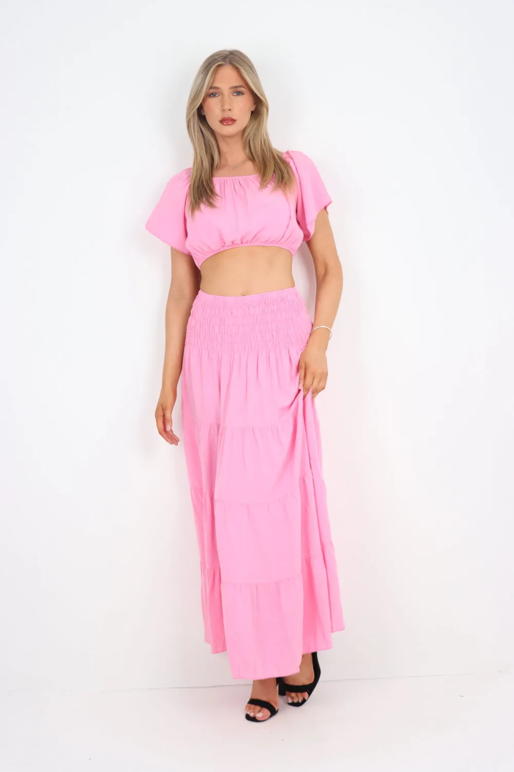 Italian Bardot Crop Top and Maxi Skirt Set