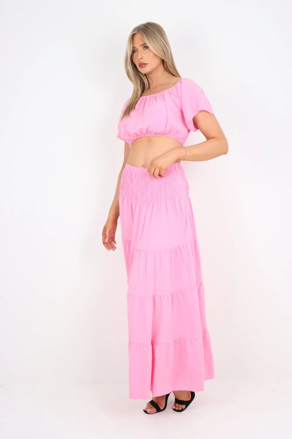 Italian Bardot Crop Top and Maxi Skirt Set