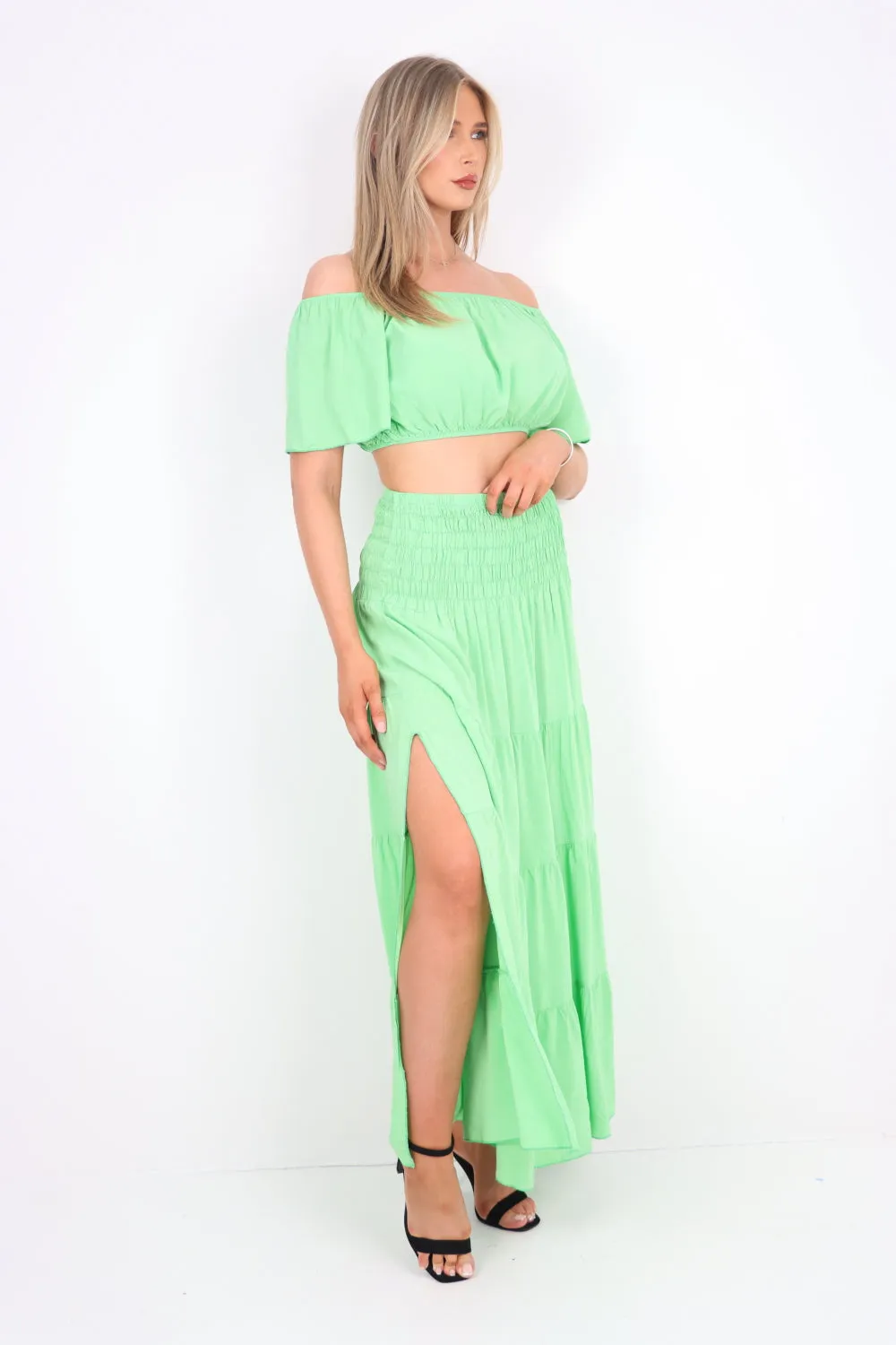 Italian Bardot Crop Top and Maxi Skirt Set