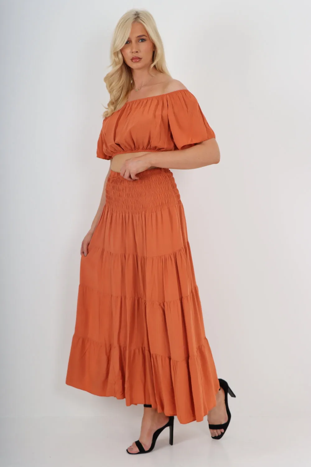 Italian Bardot Crop Top and Maxi Skirt Set