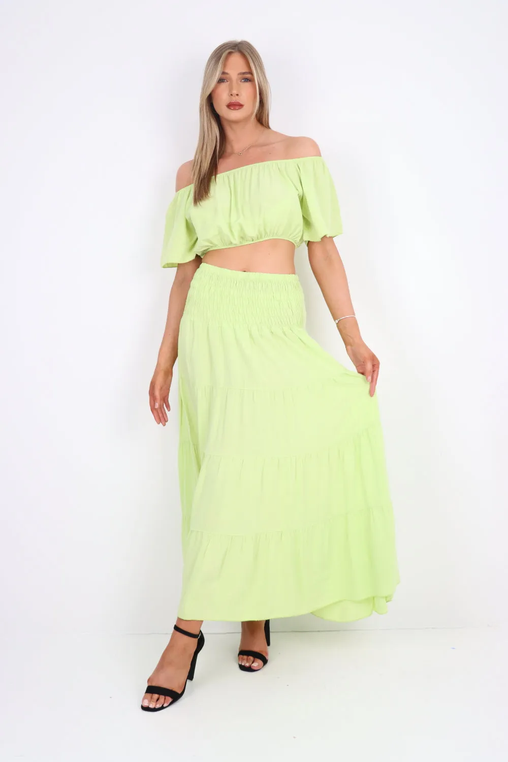 Italian Bardot Crop Top and Maxi Skirt Set