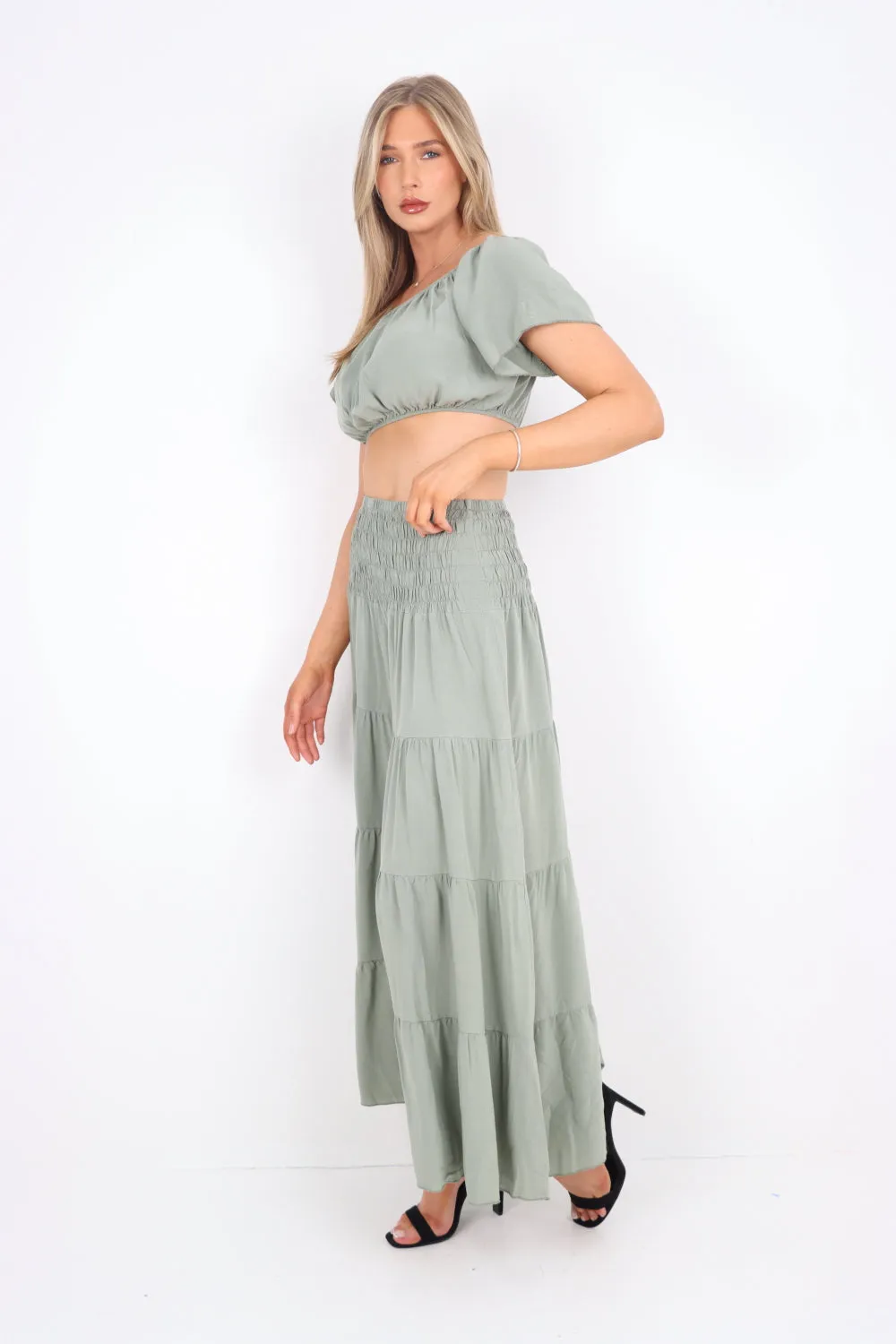 Italian Bardot Crop Top and Maxi Skirt Set