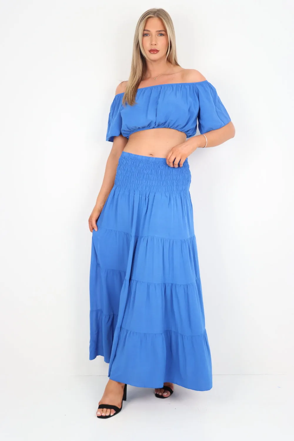 Italian Bardot Crop Top and Maxi Skirt Set