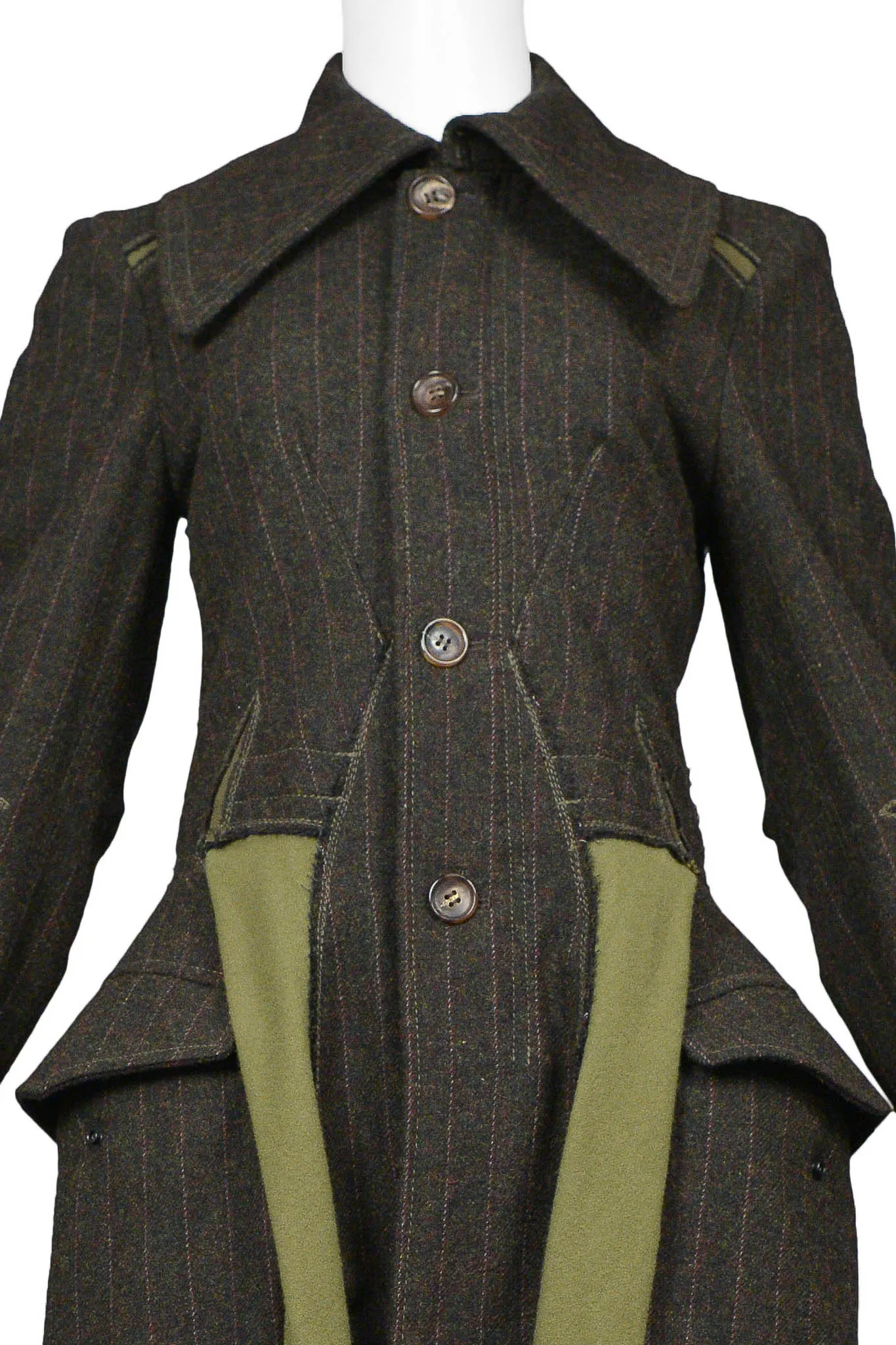 JUNYA WATANABE DARK GREEN WOOL PIN STRIPE COAT WITH CARGO INSETS