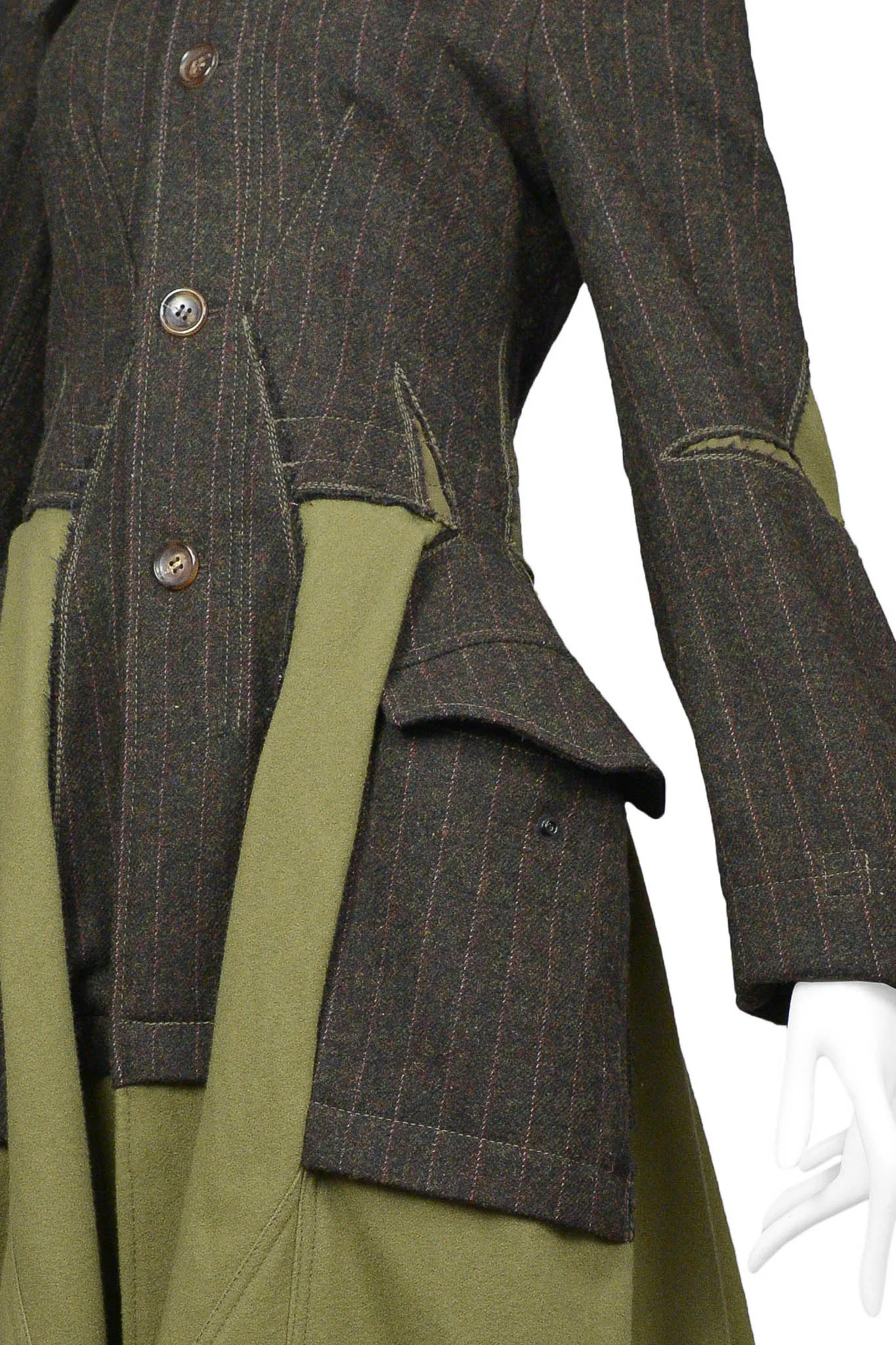 JUNYA WATANABE DARK GREEN WOOL PIN STRIPE COAT WITH CARGO INSETS