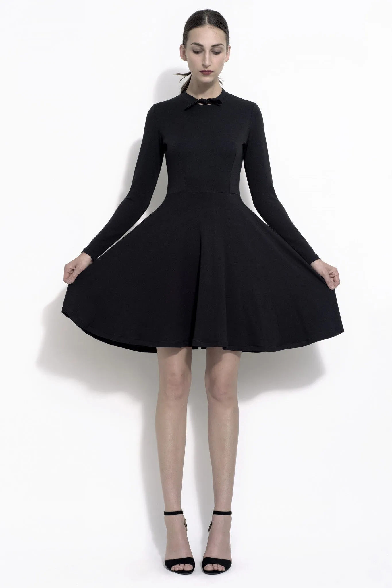 Kayley vintage style little black dress in french terry with bow accent collar