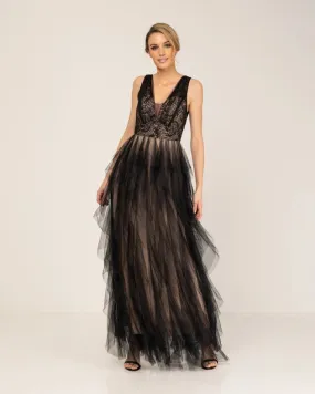 Lace maxi dress and skirt with tulle ruffles