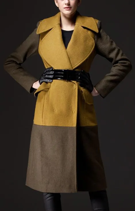 Large Collar Color-Block Wool Coat